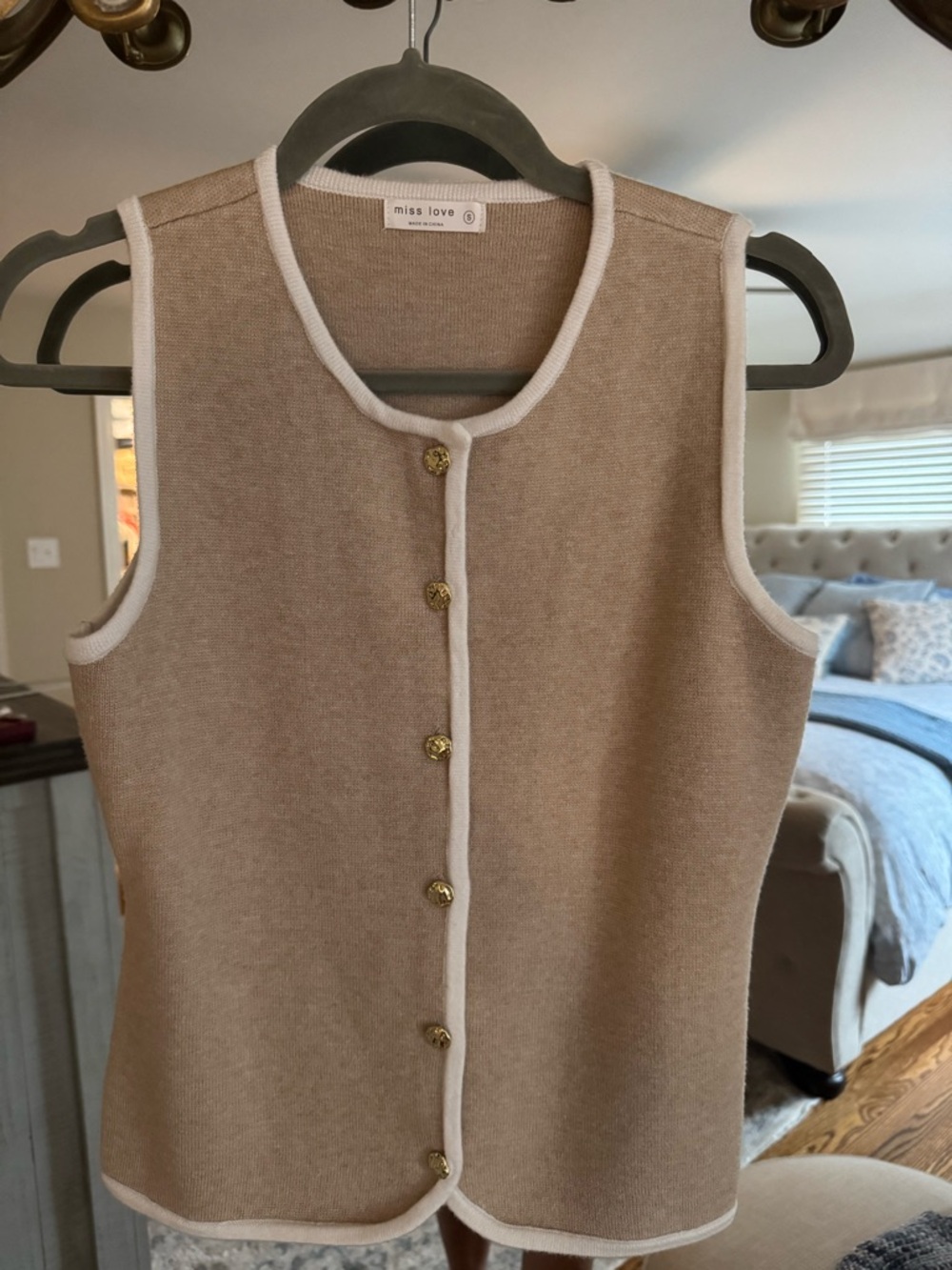 Miss Love Taupe Knit Button Front Vest with White Trim